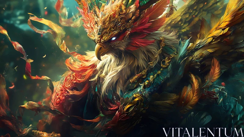 Majestic armored phoenix in fantasy art with vibrant feathers.
