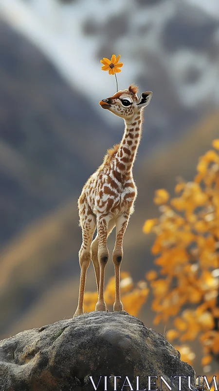 Stylized baby giraffe with flower accent rendered in 3D realism