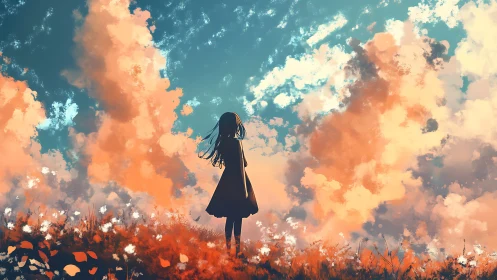 Anime skyscape with silhouetted figure and luminous cloud field.