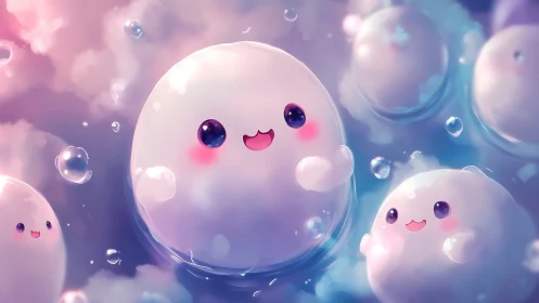 Cloudy cuddle orbs drift through pastel bubble skies.