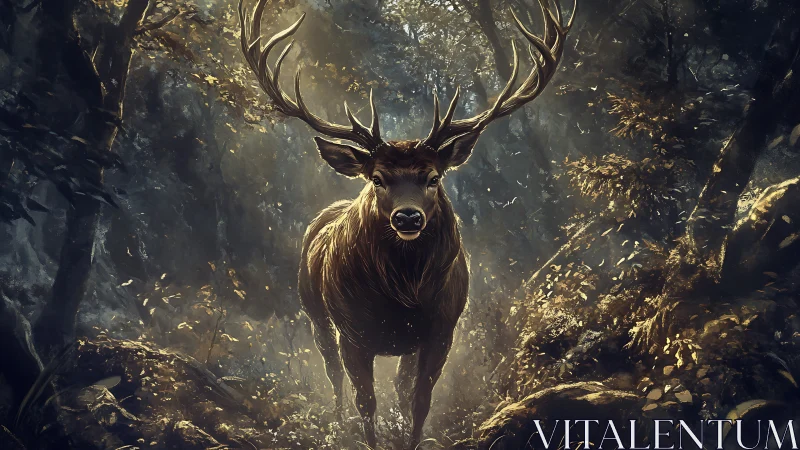 Cinematic stag rendered in volumetric forest light and dense fog