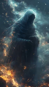 Hooded spectral figure emerges from swirling cosmic fire