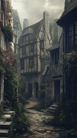 Medieval stone alley curves through ivy-clad timber houses.