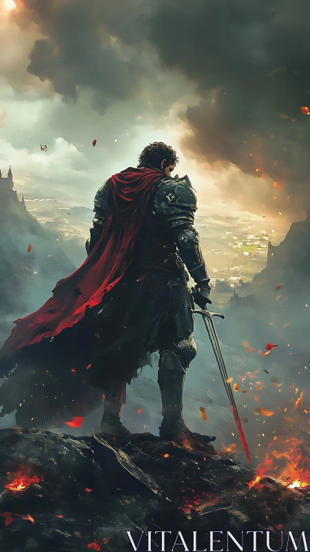 Armored warrior overlooks burning valley under storm sky