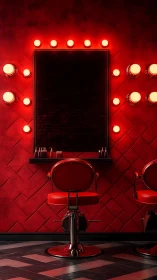 Red vanity salon station under dramatic incandescent lighting