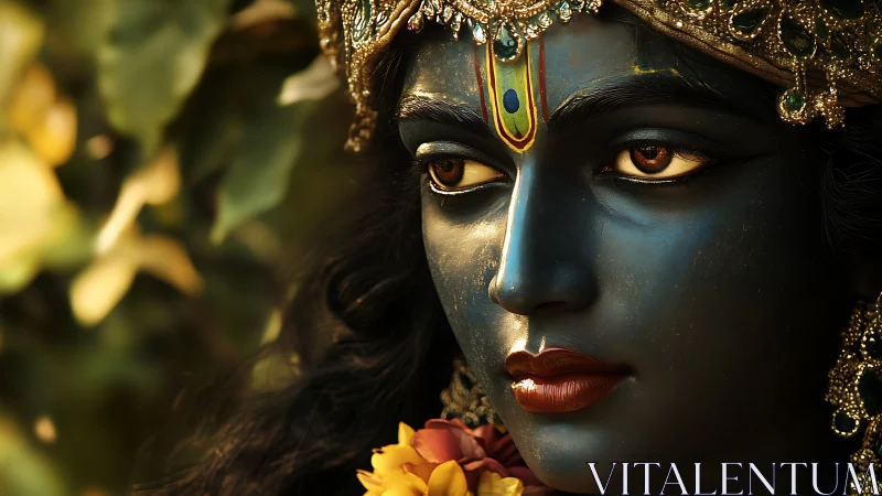 Divine blue-faced deity portrait with jeweled golden crown