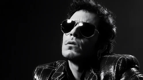 Monochrome portrait isolates reflective aviators and sequined jacket