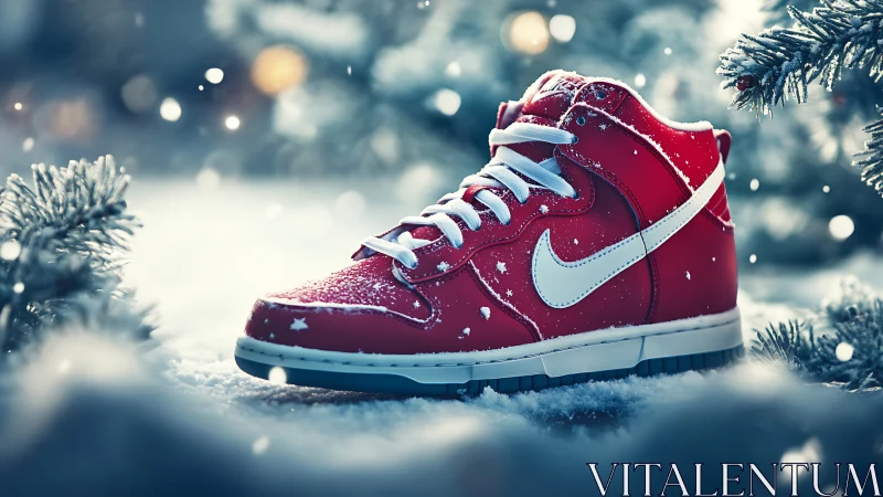Scarlet holiday sneaker gleams amid soft falling snowflakes.