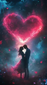 Silhouetted Couple Embracing Before Luminous Heart Formation