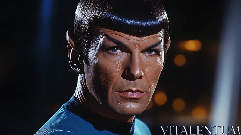 Stoic sci-fi officer gazes forward in moody starship light