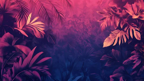 Neon tropical foliage framing deep gradient jungle void.