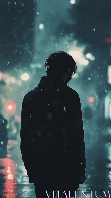 Silhouetted lone figure in rainy neon city street at night.