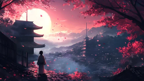 Solitary figure watches temple city under rising crimson moon