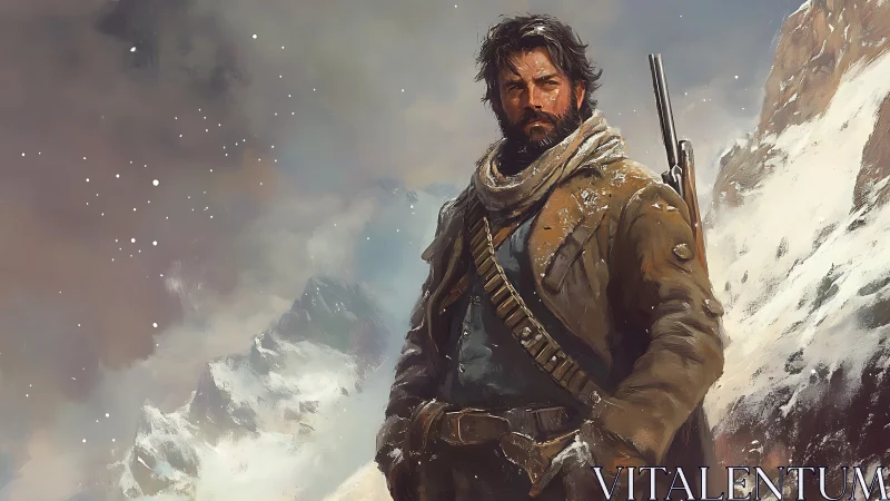 Grizzled mountain hunter stands resolute in a snowy pass.