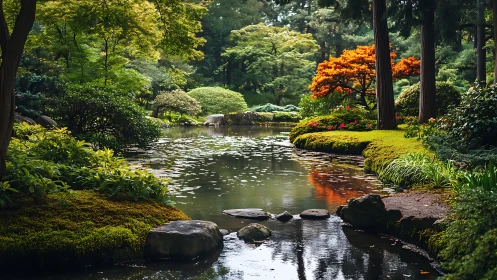 Tranquil Japanese garden pond reflects layered summer foliage