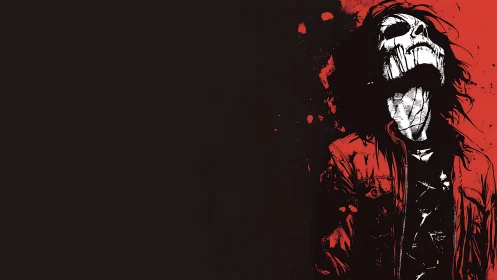 High-contrast skeletal figure in red jacket against void field