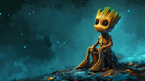 Melancholic stylized tree-creature seated on stump, teal glow