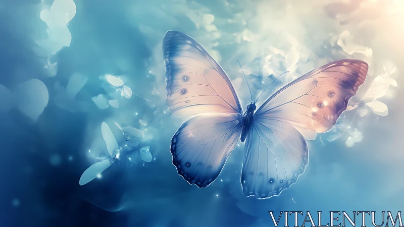 Luminous butterfly drifts through dreamy blue haze of light.