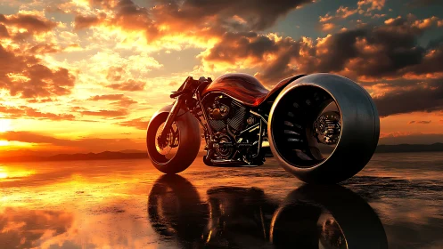 Futuristic rocket motorcycle on reflective salt flat at sunset.