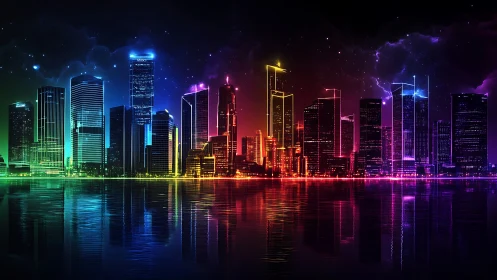 Neon spectrum waterfront skyline with reflective glass highrises