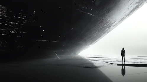 Solitary figure stands beneath massive tilted monolith edge