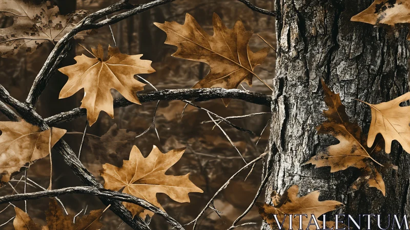 Golden autumn leaves rest gently against a textured tree trunk