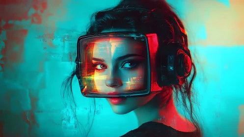 Cyberpunk portrait with retro CRT visor and neon bicolor lighting