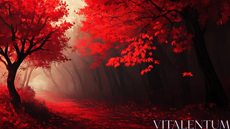 Crimson Forest Pathway Through Glowing Red Foliage.