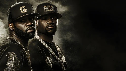 Hip hop duo in dark smoky studio portrait with chains.