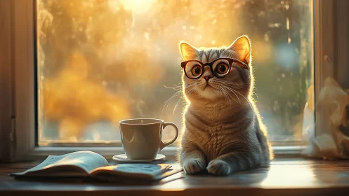 Cat with Glasses by Window with Coffee and Book.