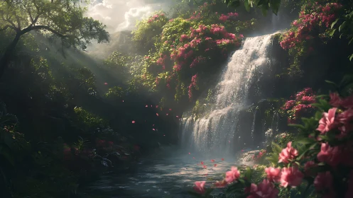 Waterfall and dense vegetation in filtered morning light.