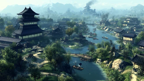 River kingdom awakens beneath mist-veiled mountain citadels.