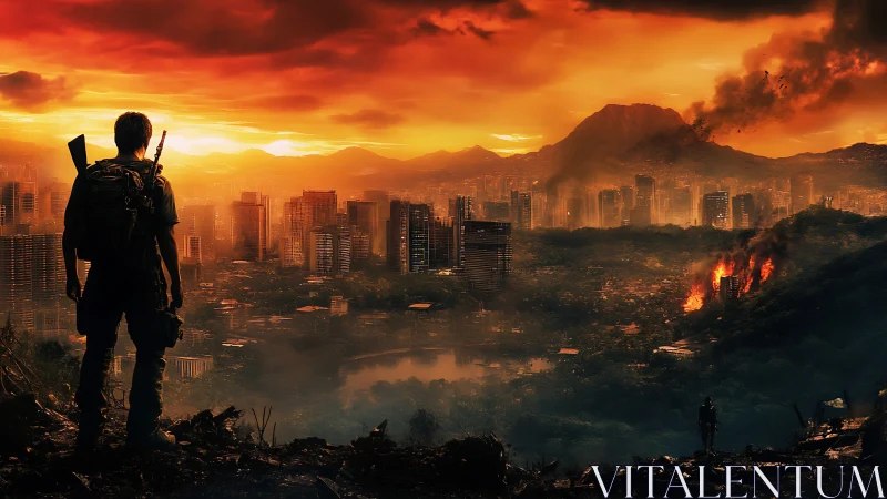 Armed survivor surveying incendiary post-urban skyline at dusk.