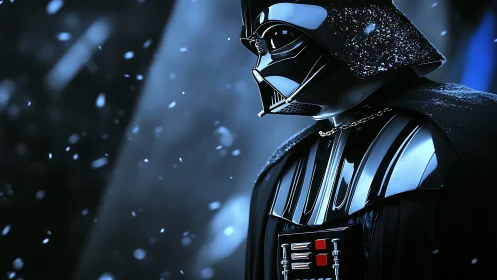 Armored dark figure stands in snow under cold blue light