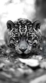 Monochrome jaguar portrait in low ground-level focus study.