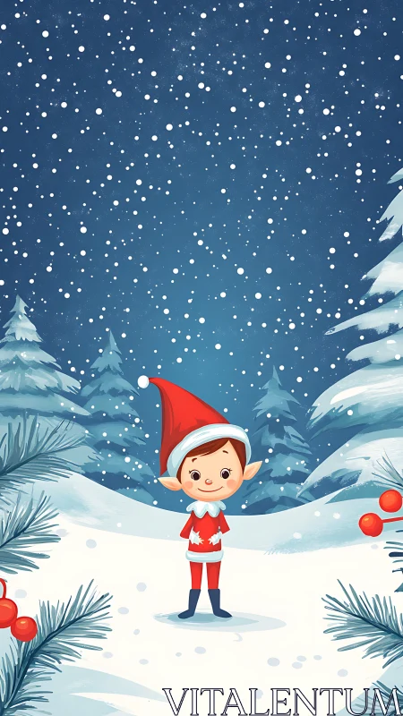 Cheerful Christmas elf amid snowy forest snowfall scene.