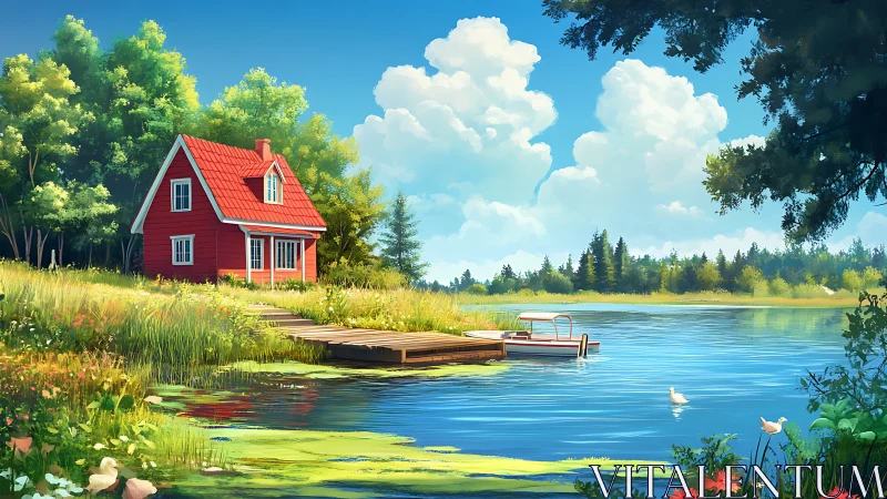 Red Cottage Architecture Positioned Adjacent to Riparian Ecosystem.