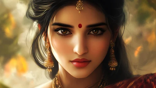 Digital portrait of Indian woman with bindi and gold jewelry.