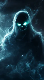 Spectral reaper emerges from luminous cyan smoke shroud