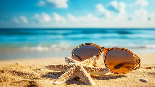 Starfish and amber sunglasses rest on sunlit shoreline sand