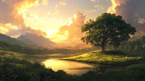 Sunlit riverside oak under dramatic golden sunset sky.