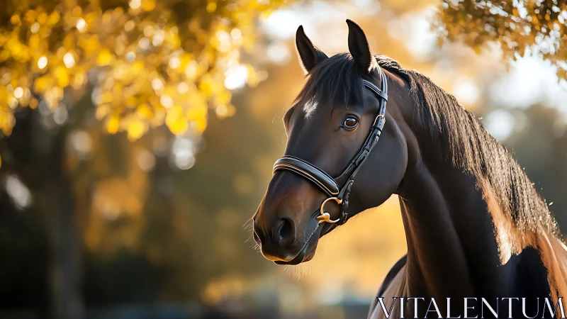 Dark brown horse wearing bridle stands before sunlit trees