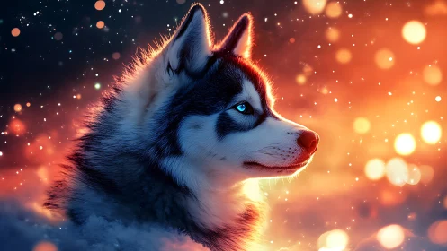 Blue eyed husky gazing through glowing winter starlight.