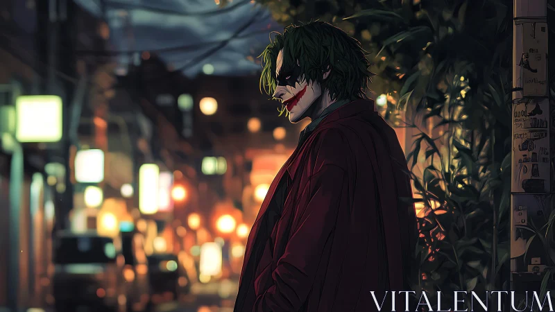 Masked man with smeared makeup walks through neon alley at night