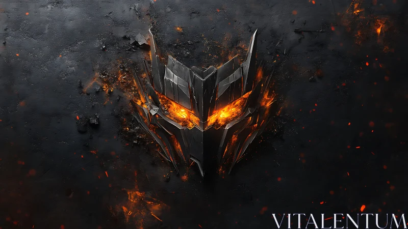 Molten steel demon mask cracks through charred obsidian wall.