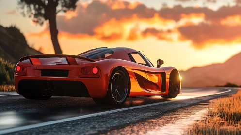 Aerodynamic red supercar rendered on a sunlit mountain road