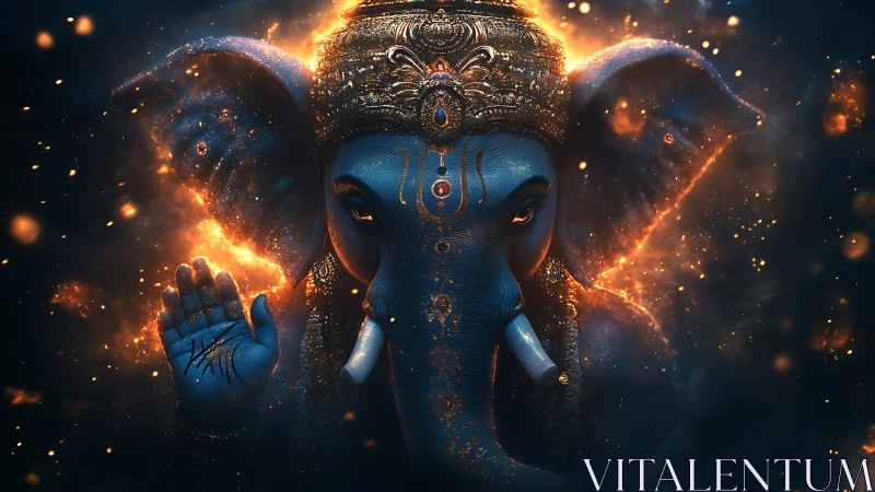Ember-crowned blue elephant deity pauses within cosmic sparks