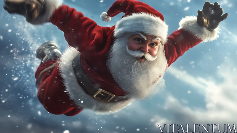 Aerial dynamic Santa in high-energy winter flight pose.