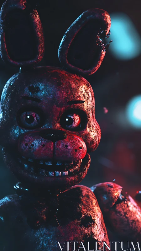 Damaged animatronic rabbit figure stands under colored light