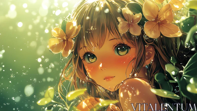Backlit anime portrait renders floral girl with bokeh droplets